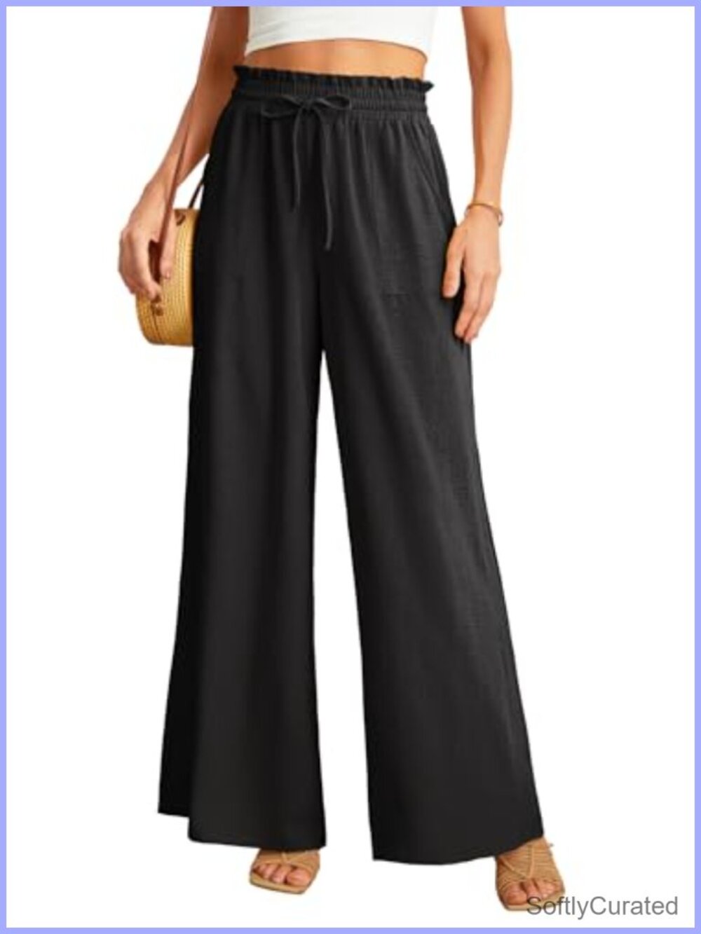 Wide Leg High Waist Trousers with Pockets Adjustable Tie Knot Business Casual